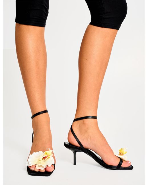 Public Desire Nara Black Satin White Orchid Flower Square Toe Stiletto Mid Heels