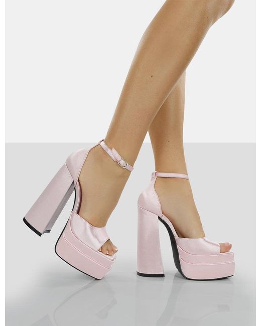 Public Desire Mercy Baby Pink Satin Strappy Square Toe Platform High Block  Heels | Lyst