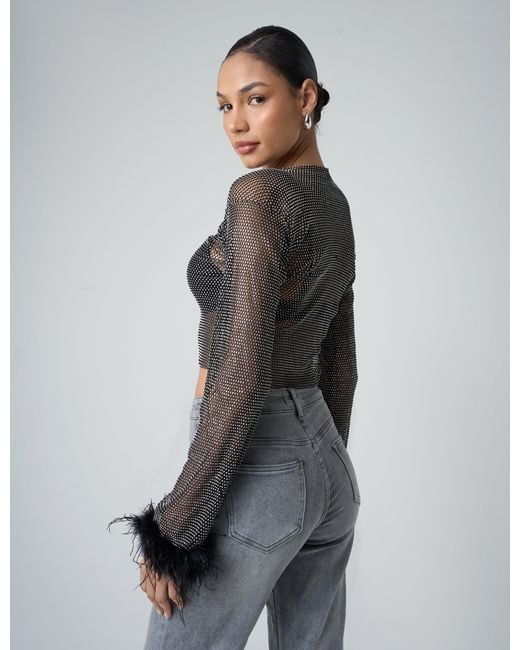 Public Desire Gray Feather Cuff Detail Diamante Mesh Cropped Top Black