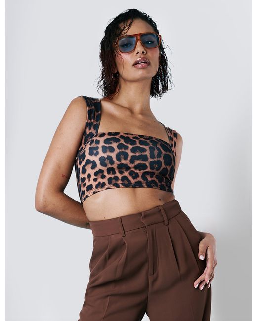 Public Desire Brown Square Neck Luxe Slinky Bralet Top Leopard