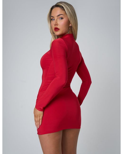 Public Desire Slinky Knot Front Detail Long Sleeve Mini Dress Red