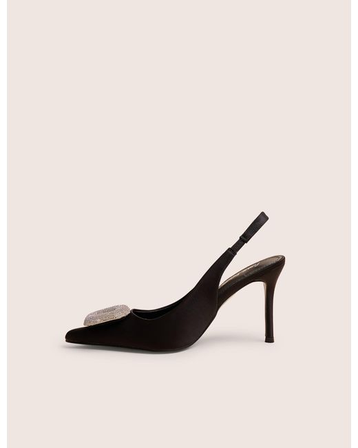 Public Desire White Floss Black Satin Diamante Embellished Sling Back Court Heels