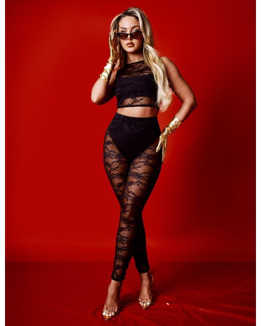 Public Desire Red Lace High Waist Leggings Black
