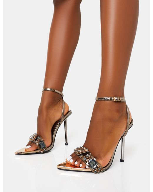 Public Desire Brown Icicle Pewter Extreme Jeweled Ankle Strap Pointed Toe Stiletto Heels
