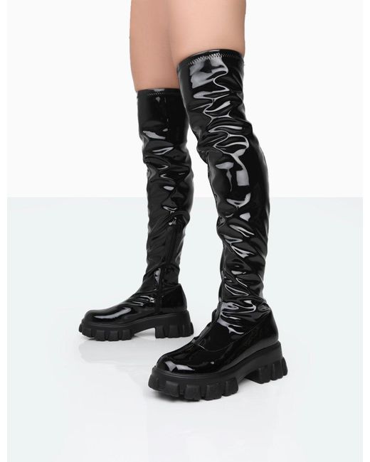 Public Desire Take Chances Black Patent Chunky Sole Knee High Boots