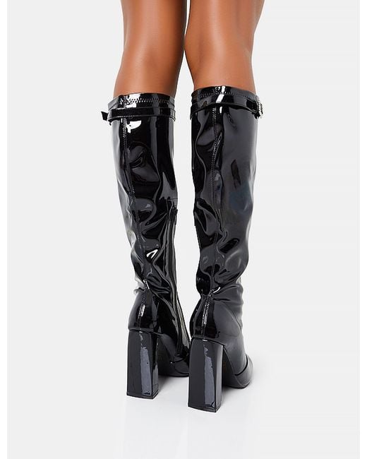 Public Desire White First Class Black Patent Diamante Buckle Strap Detail Rounded Toe Knee High Block Heeled Boots