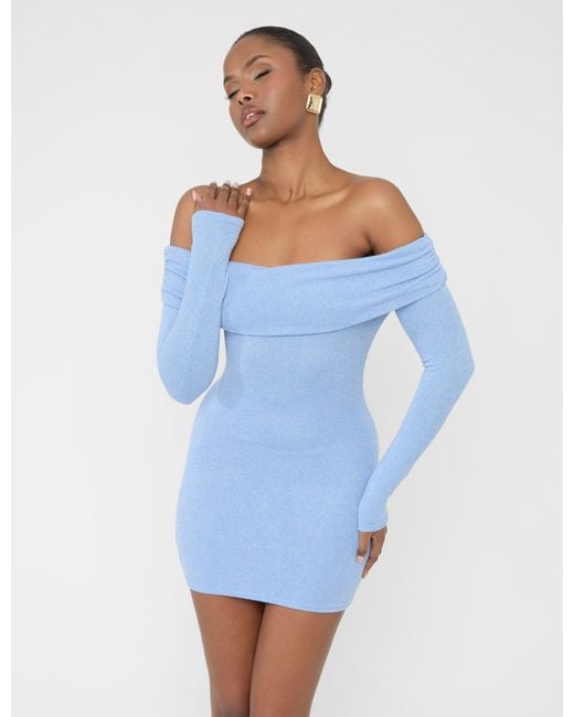 Public Desire Long Sleeve Off The Shoulder Bardot Mini Dress Blue