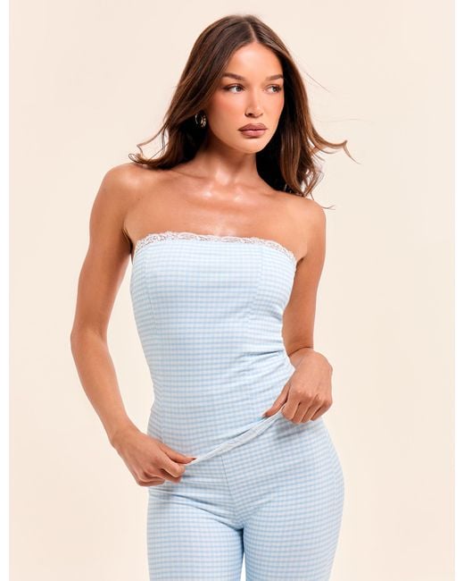 Public Desire Gingham Lace Trim Bandeau Top Blue And White