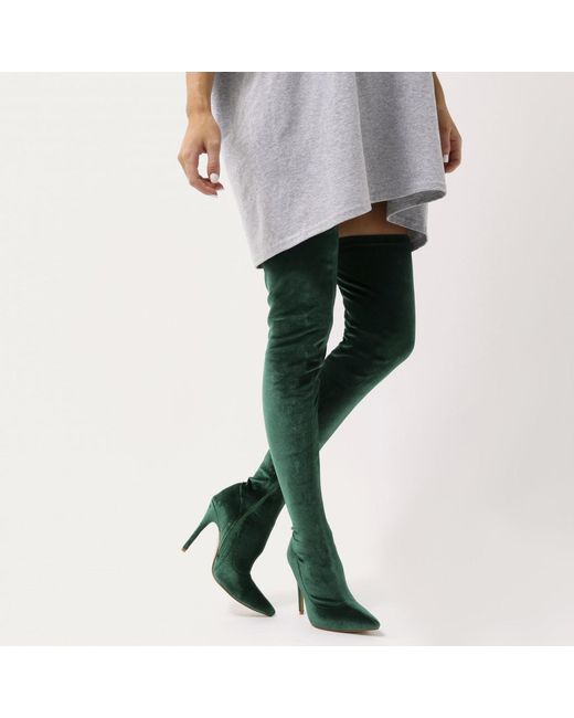 Public Desire Dazzle Sock Fit Pointed Toe Over The Knee Boots In Green  Velvet | Lyst