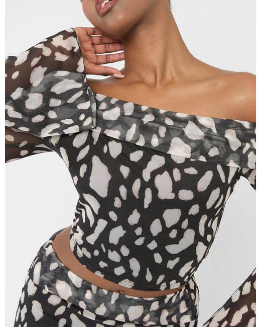 Public Desire White Mesh Bardot Fold Over Long Sleeve Crop Top Animal Print