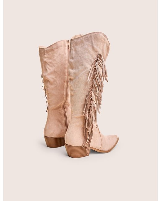 Public Desire Natural Tucker Beige Faux Suede Knee High Tassle Detail Western Boots