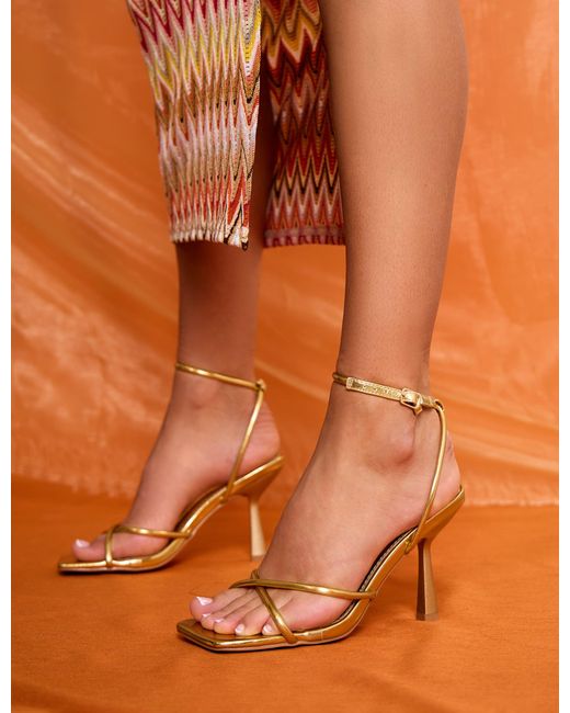 Public Desire Brown Bree Gold Pu Barely There Square Toe Mid Stiletto Heels