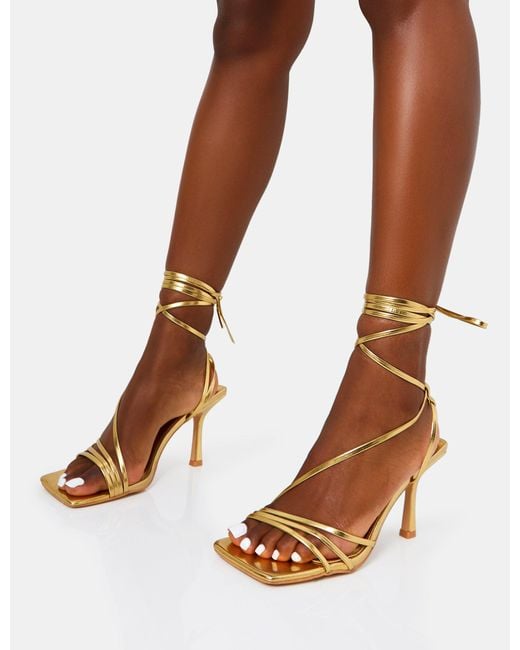 Public Desire Brown Divine Gold Wide Fit Pu Strappy Lace Up Square Toe Mid Stiletto Heels