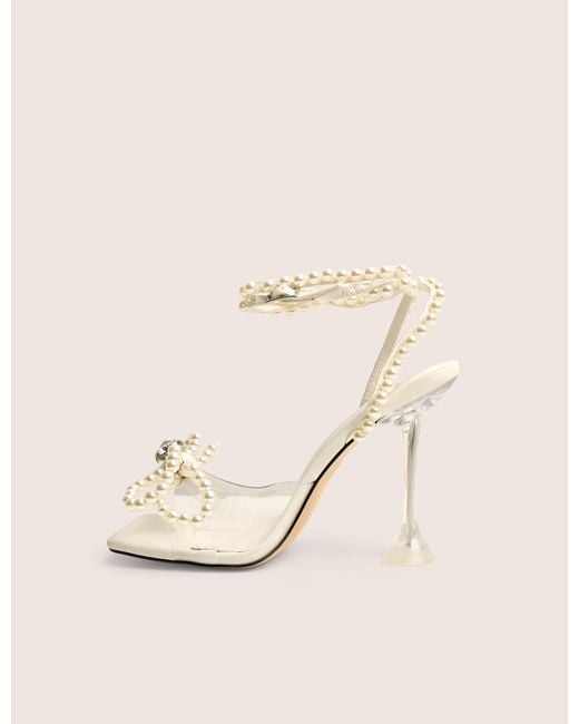 Public Desire Brown Glimmer White Wrap Around Pearl Detail Bow Square Toe Cake Stand Heels