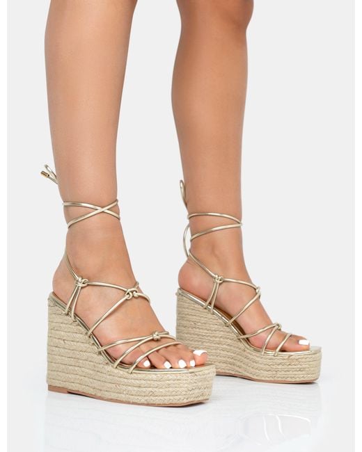 Public Desire Natural Islander Gold Lace Up Square Toe High Heeled Sandal Esparille Wedges