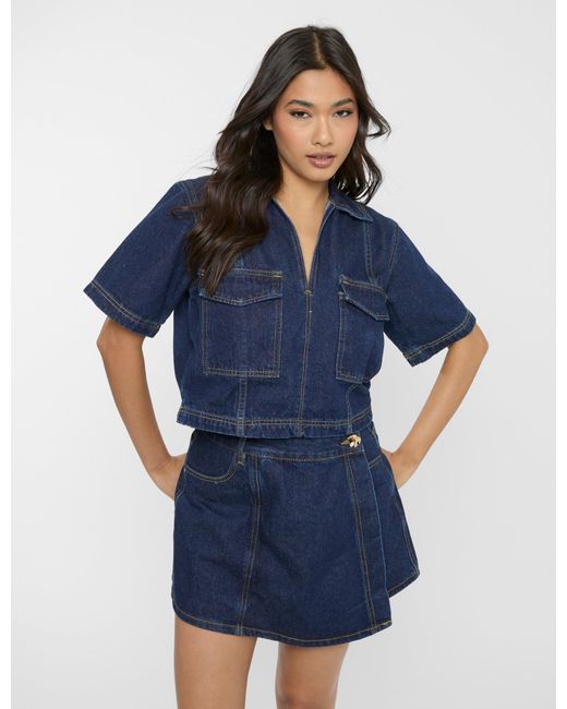 Public Desire Front Wrap Denim Skort Dark Blue