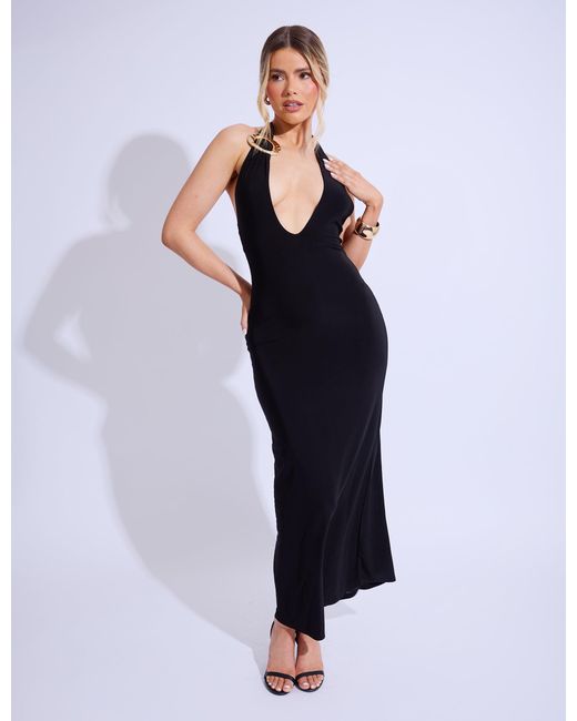 Public Desire Blue Gold Trim Super Plunge Maxi Dress Black