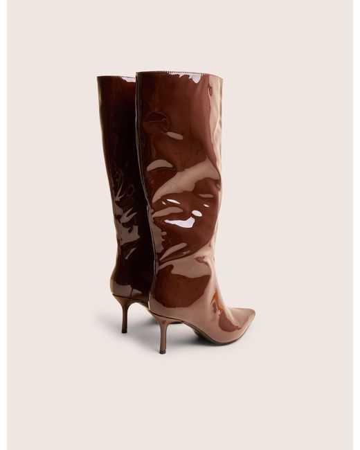 Public Desire Red Amped Chocolate Patent Pointed Toe Mid Heel Knee High Boots