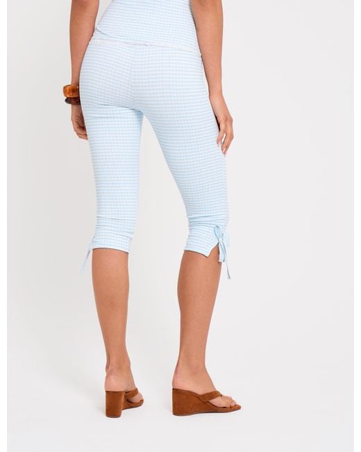 Public Desire Natural Gingham Lace Trim Capri Pant With Bow Tie Blue And White