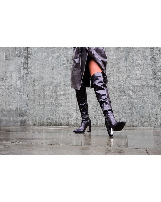 Public Desire Lasta Black Pu Rounded Square Toe Block Heeled Over The Knee Boots