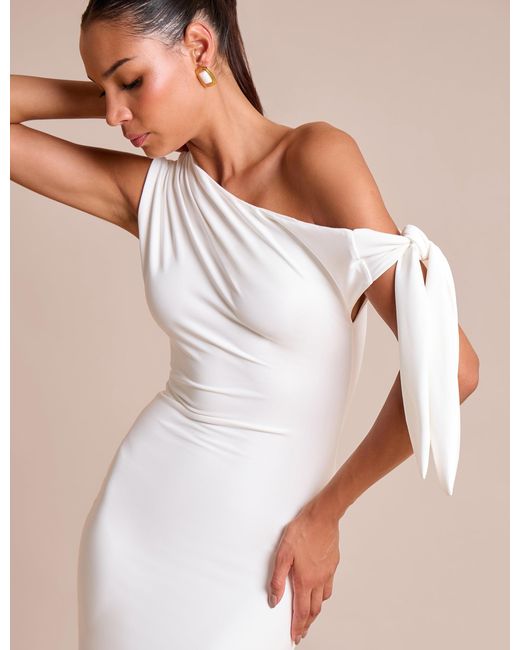Public Desire Knot Detail Asymmetric One Shoulder Luxe Slinky Maxi Dress White