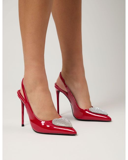 Public Desire Elvis Red Patent Diamante Heart Brooch Slingback Pointed Toe Court High Heels