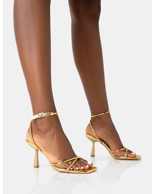 Public Desire Brown Bree Gold Pu Barely There Square Toe Mid Stiletto Heels