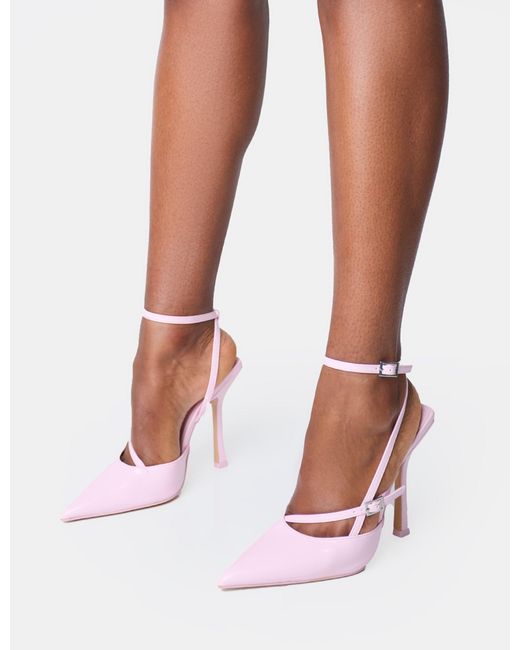 Public Desire White Idol Pink Patent Buckle Strappy Detail Stiletto Court High Heels