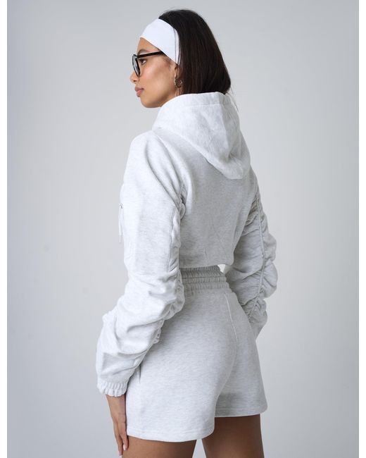 Public Desire White Ruched Sleeve Zip Up Cropped Hoodie Grey Marl