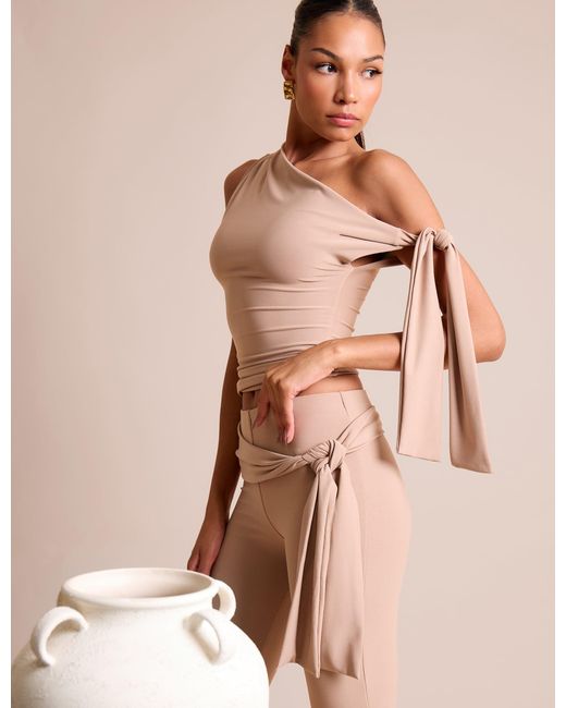 Public Desire Natural Knot Detail Asymmetric One Shoulder Luxe Slinky Top Stone