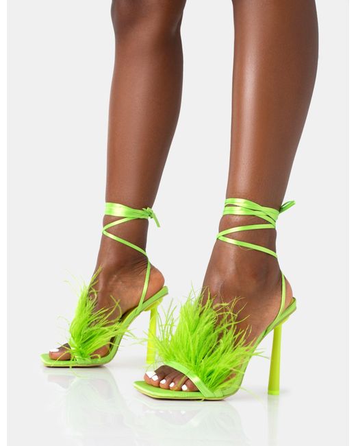 Public Desire Green Iconic Lime Satin & Lime Feather Detail Square Toe High Heels
