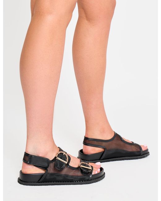 Public Desire White Fuda Black Mesh Diamante Buckle Detail Back Strap Sandals