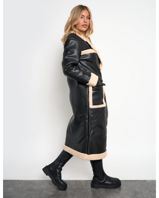 Public Desire Multicolor Borg Lined Faux Leather Maxi Aviator Coat Black