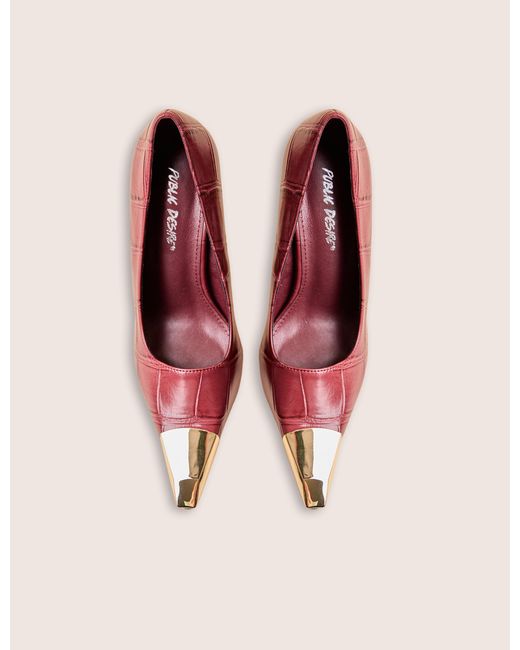 Public Desire Pink Rotate Burgundy Croc Gold Toe Detail Court High Heels