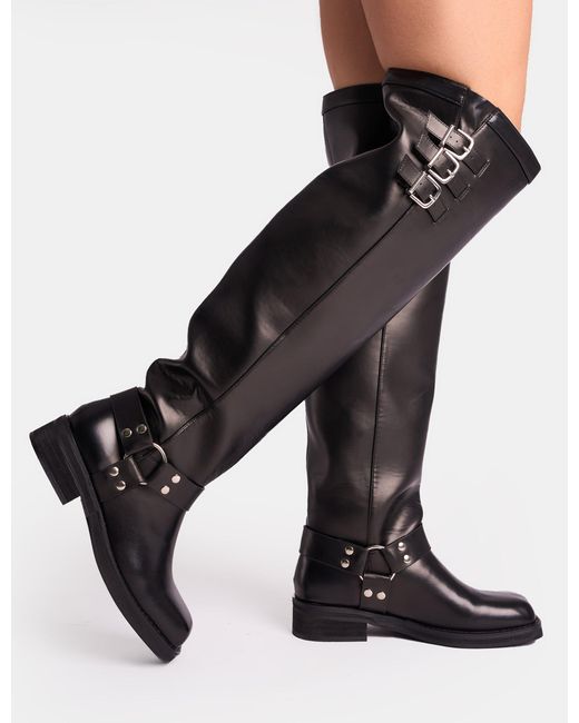 Public Desire Sagittarius Vintage Black Buckle Detail Over The Knee Boots