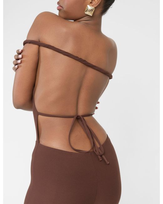 Public Desire Natural Twist Back Detail Off The Shoulder Luxe Slinky Jumpsuit Brown