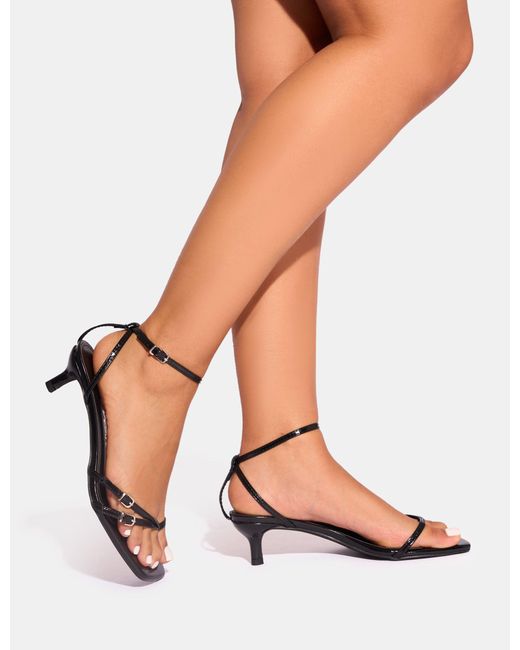 Public Desire White Bimi Black Buckle Detail Toe Post Kitten Heels