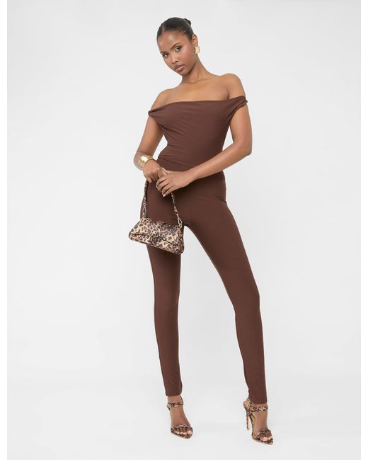 Public Desire Natural Twist Back Detail Off The Shoulder Luxe Slinky Jumpsuit Brown