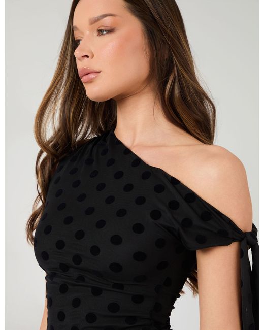 Public Desire Knot Detail Asymmetric One Shoulder Polka Dot Devore Top Black