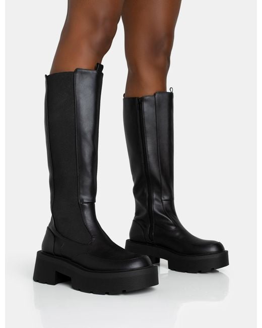 Public Desire Evergreen Black Knee High Elasticated Detail Chunky Heeled Sole Boots