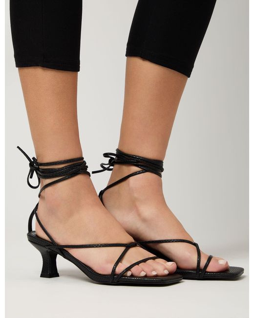 Public Desire Multicolor Shibuya Black Snake Texture Pu Square Toe Lace Up Low Heels