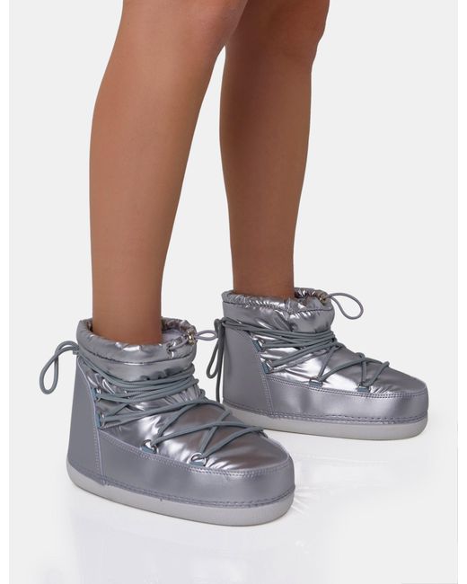 Public Desire Blue Zuri Silver Mirror Nylon Toggled Detailed Lace Up Chunky Snow Ankle Boots