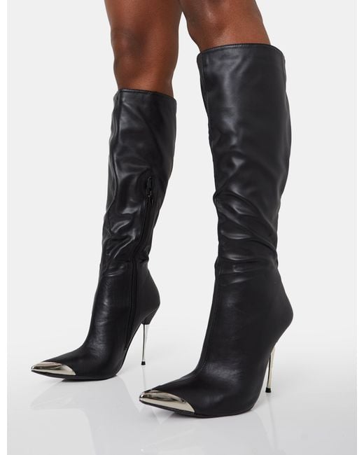 Public Desire Finery Black Pu Metal Toe Capped Zip Up Knee High Stiletto Boots