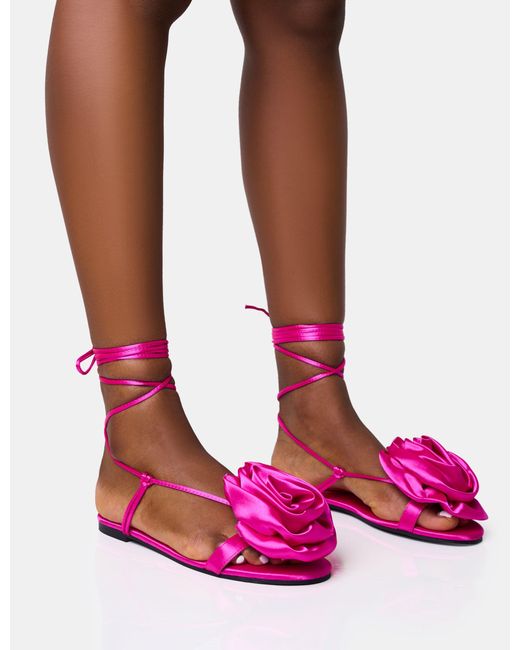 Public Desire Magnolia Pink Flower Corsage Lace Up Flat Sandals