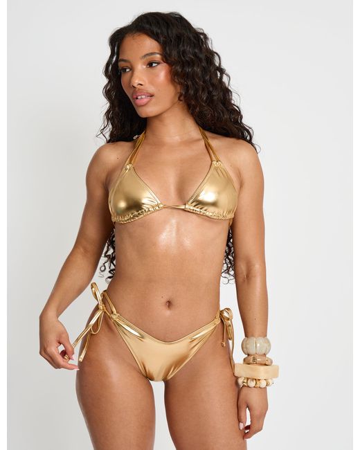 Public Desire Brown Foiled Bikini Bottom With Adjustable Sides Gold