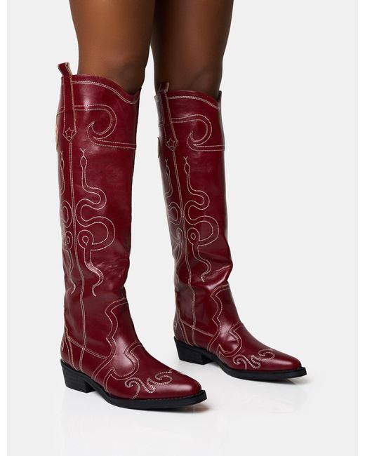 Public Desire Serpentine Burgundy Wide Fit Snake Embroidered Flat Knee High Western Boots