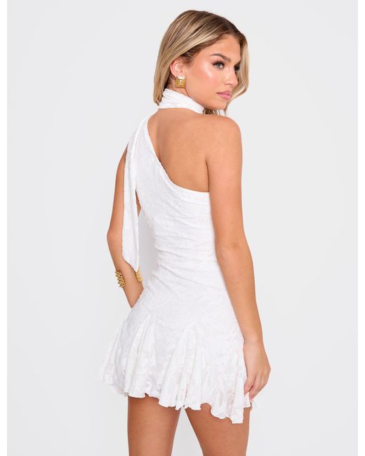Public Desire Neck Scarf Textured Floral Mini Dress White