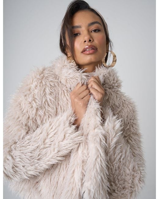 Public Desire Gray Cropped Shaggy Faux Fur Jacket Beige