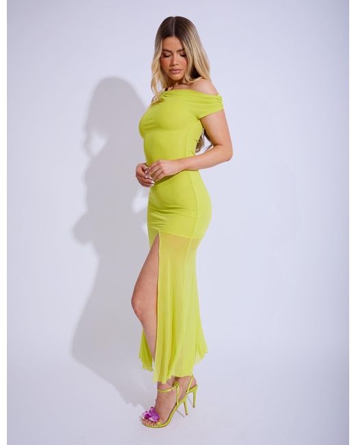 Public Desire Yellow Gold Trim Off The Shoulder Mesh Insert Maxi Dress Lime