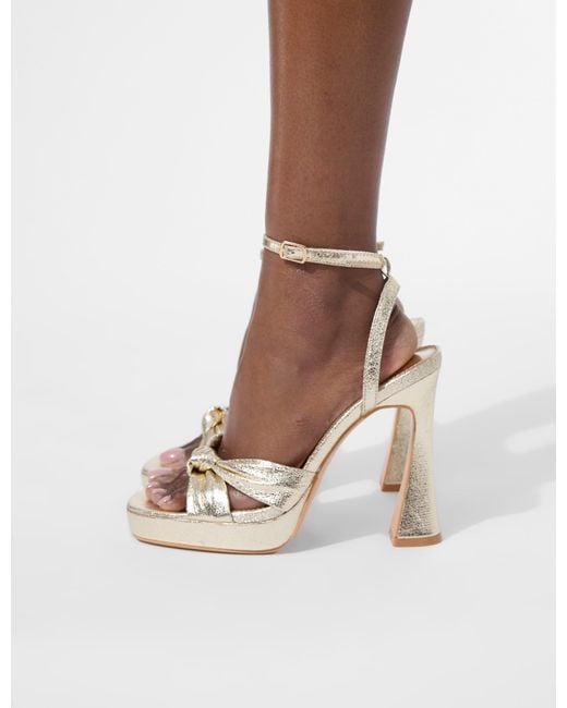 Public Desire Multicolor Trendsetter Cracked Gold Pu Knot Detail Flare Platform Heels